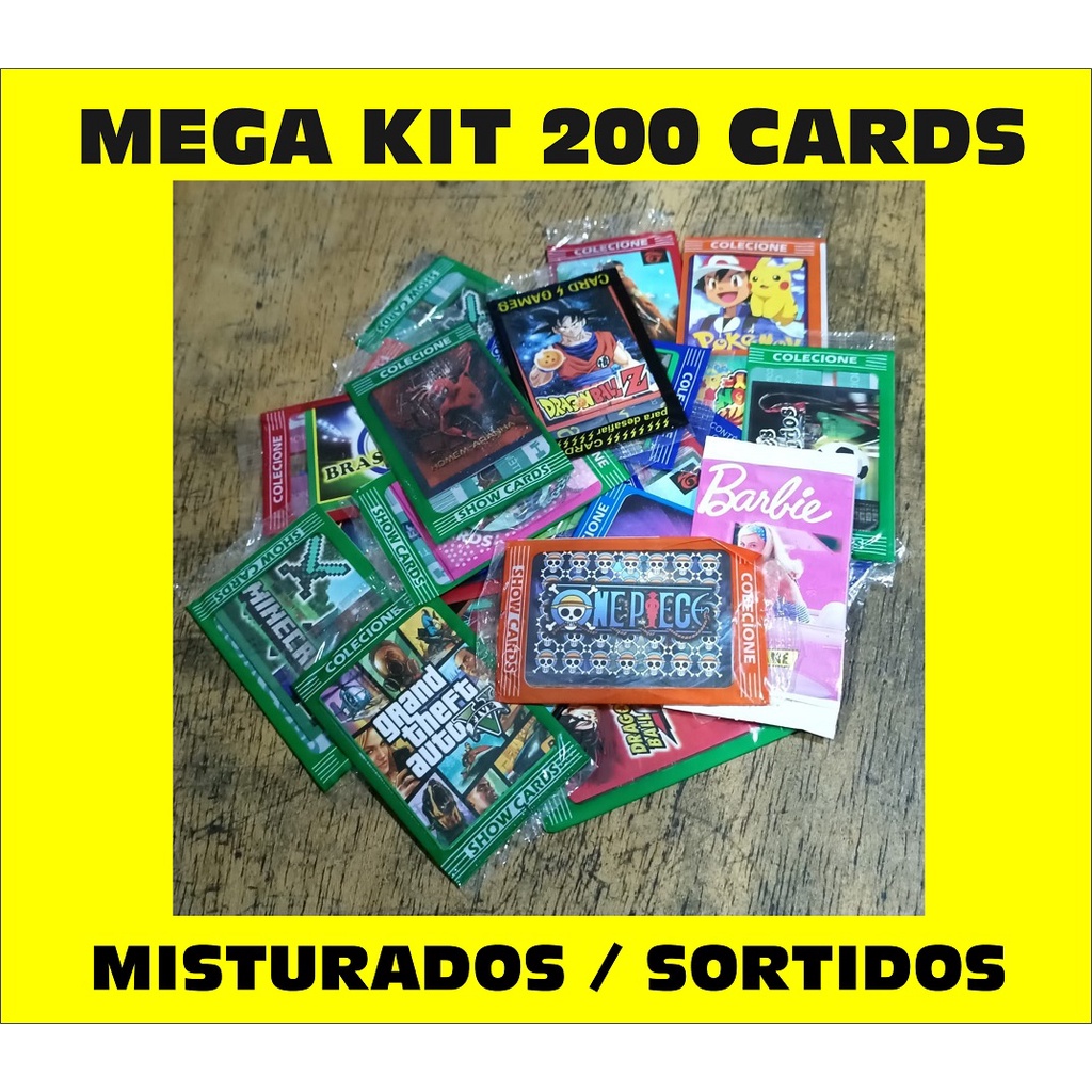 MEGA KIT 200 CARDS Misturados - 50 pacotes - Homem Aranha, Enaldinho, Minecraft, Naruto, Dragon Ball, One Piece