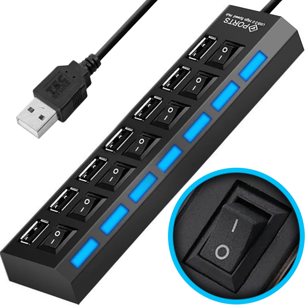 Hub Usb 7 Portas Carregador Adaptador Led Chave Seletora 2.0