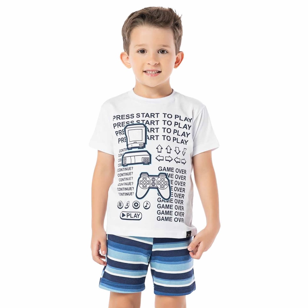 Conjunto Infantil Camiseta Branca e Bermuda Listrada Azul Game Over Vrasalon