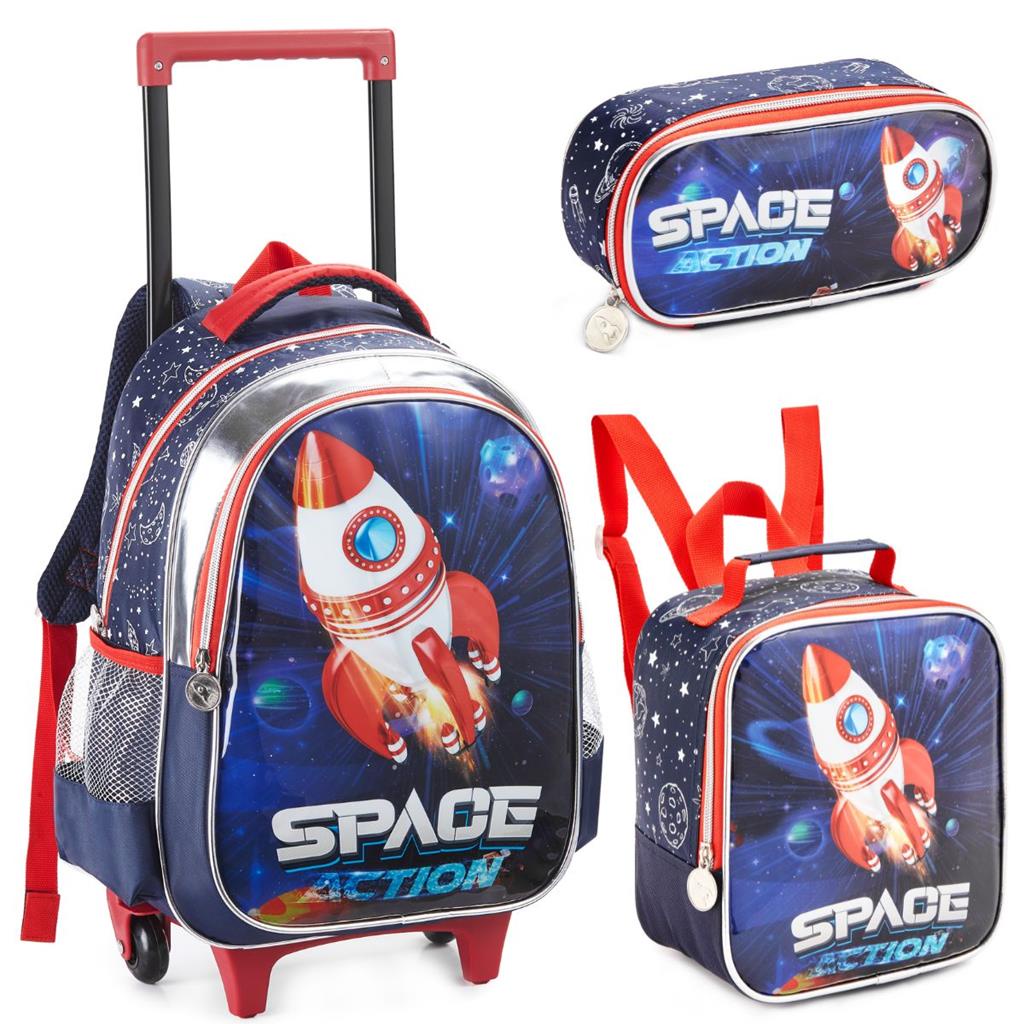 Kit Mochila Rodinha Escolar Lancheira Estojo Infantil Menino Astronauta Space Nasa