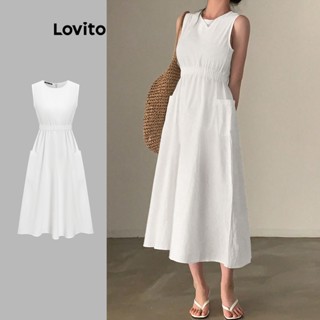 Lovito Casual Liso Vestido Feminino com Bolso L65ED111 (Branco)