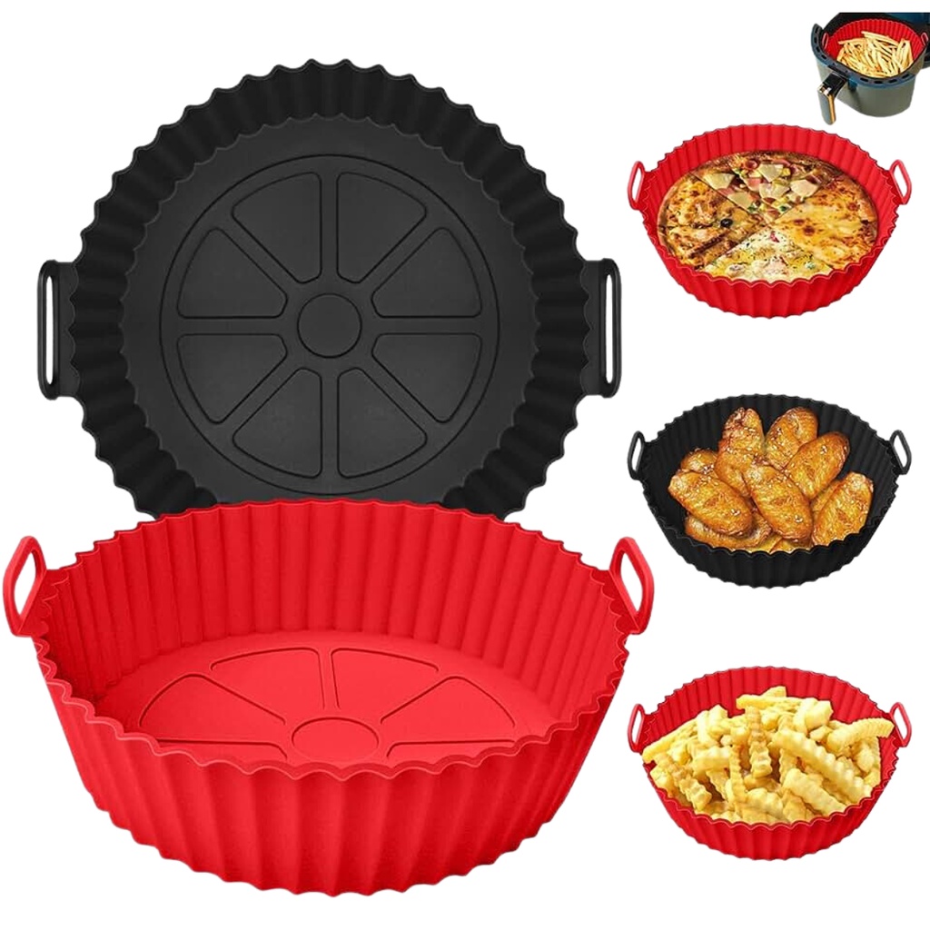 Forma Air Fryer Redonda Silicone Tapete Reutilizável Antiaderente Forro Preta Vermelha Fritadeira Elétrica 20cm