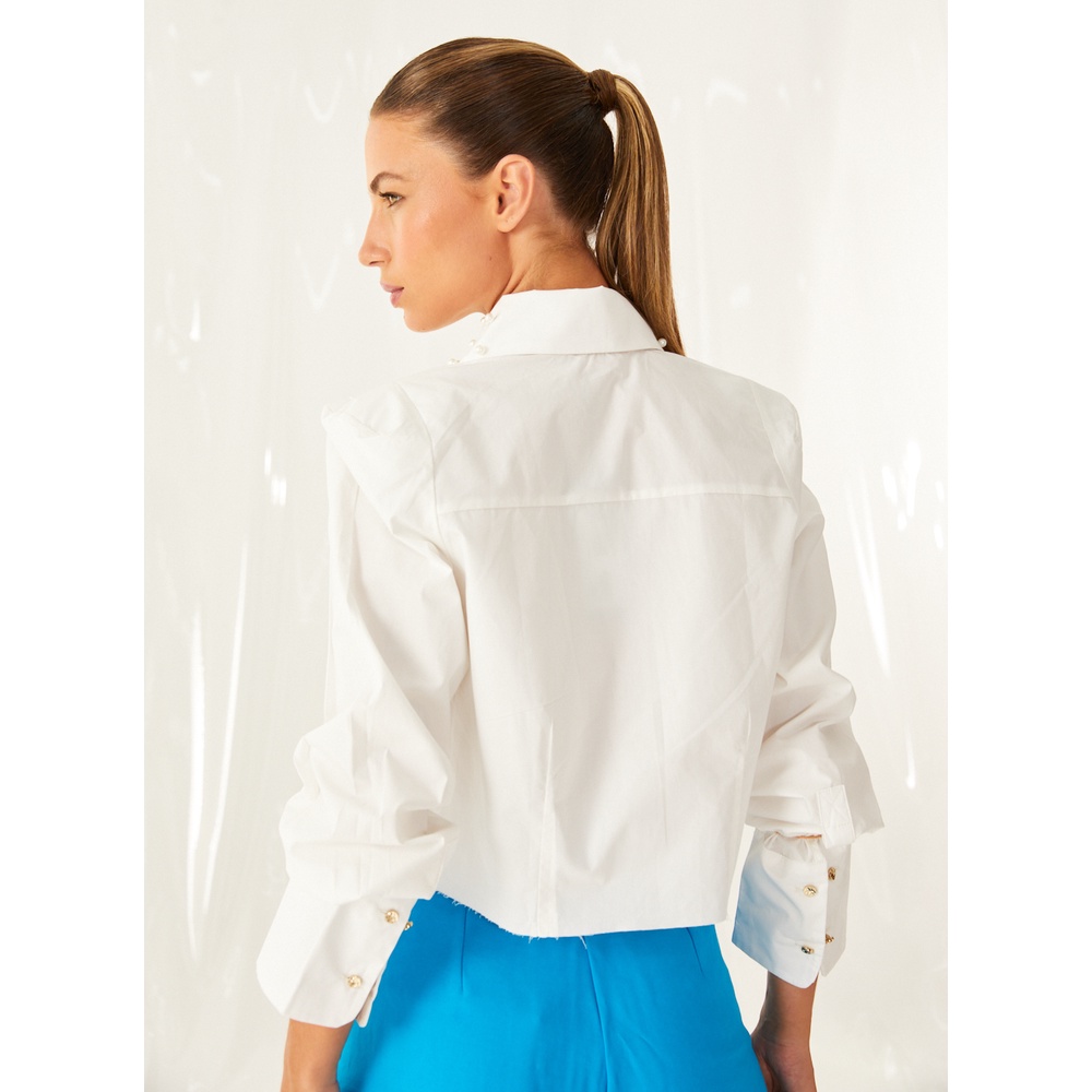 Camisa Cropped Com Bordado Em Pérolas Open Feminino