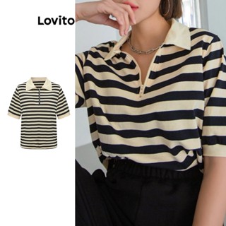 Lovito Camiseta Listrada com Zíper para Mulheres L58AD027 (Alperce)