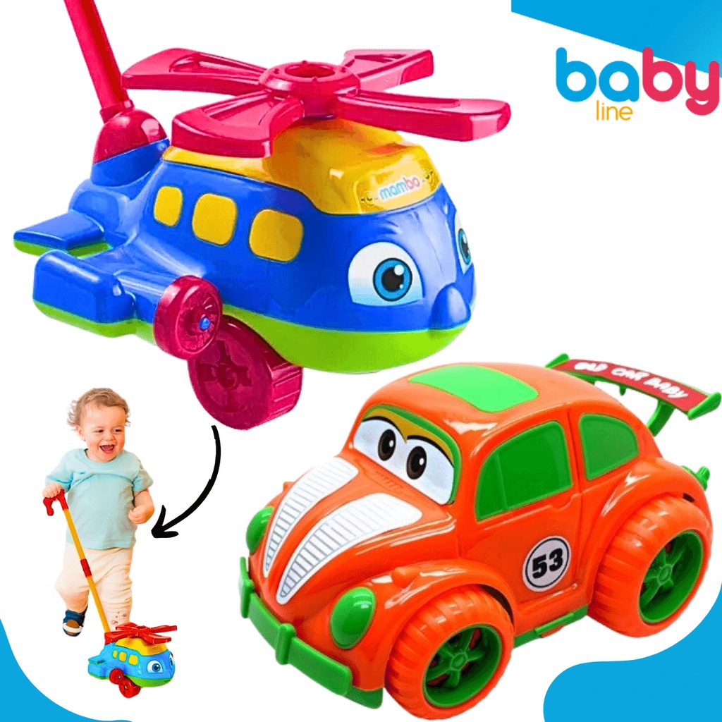 Kit Didático Brinquedos Infantil Push Plane Helicóptero Empurrar + Fusca Old Car Baby Brinquedos