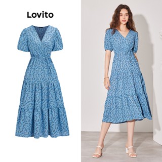 Lovito Vestido com Camadas e Amarração de Estampa Floral para Mulheres L59ED111 (Azul)