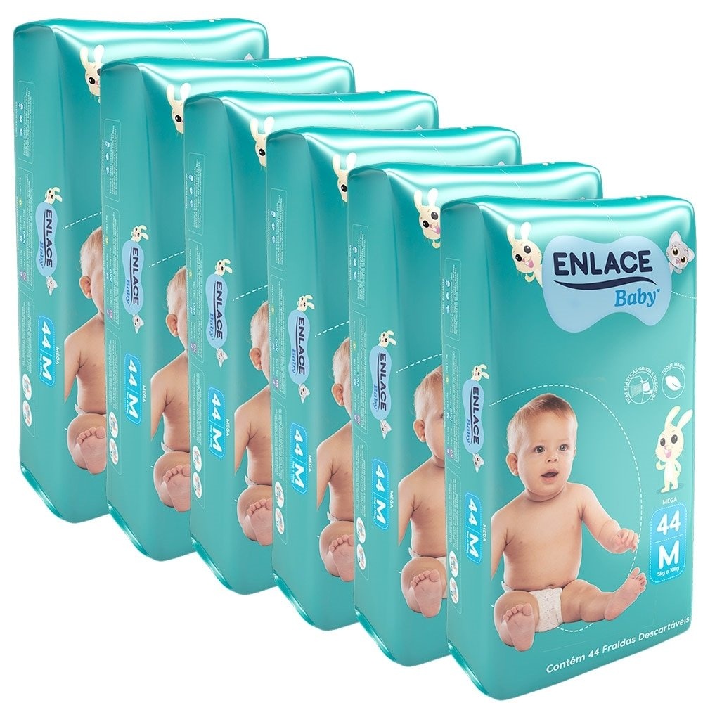 Fralda Descartável Enlace Baby Mega Tamanho M - 6 Pacotes com 44 Fraldas - Total 264 Tiras em Oferta na Shopee