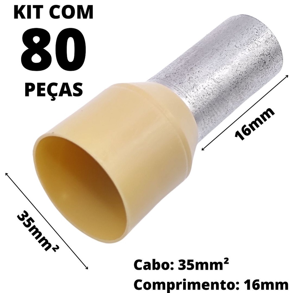 80un Terminal Tubular Ilhós Pré-isolado Simples Para Cabo de 35mm² Metal 16mm Bege E35-16