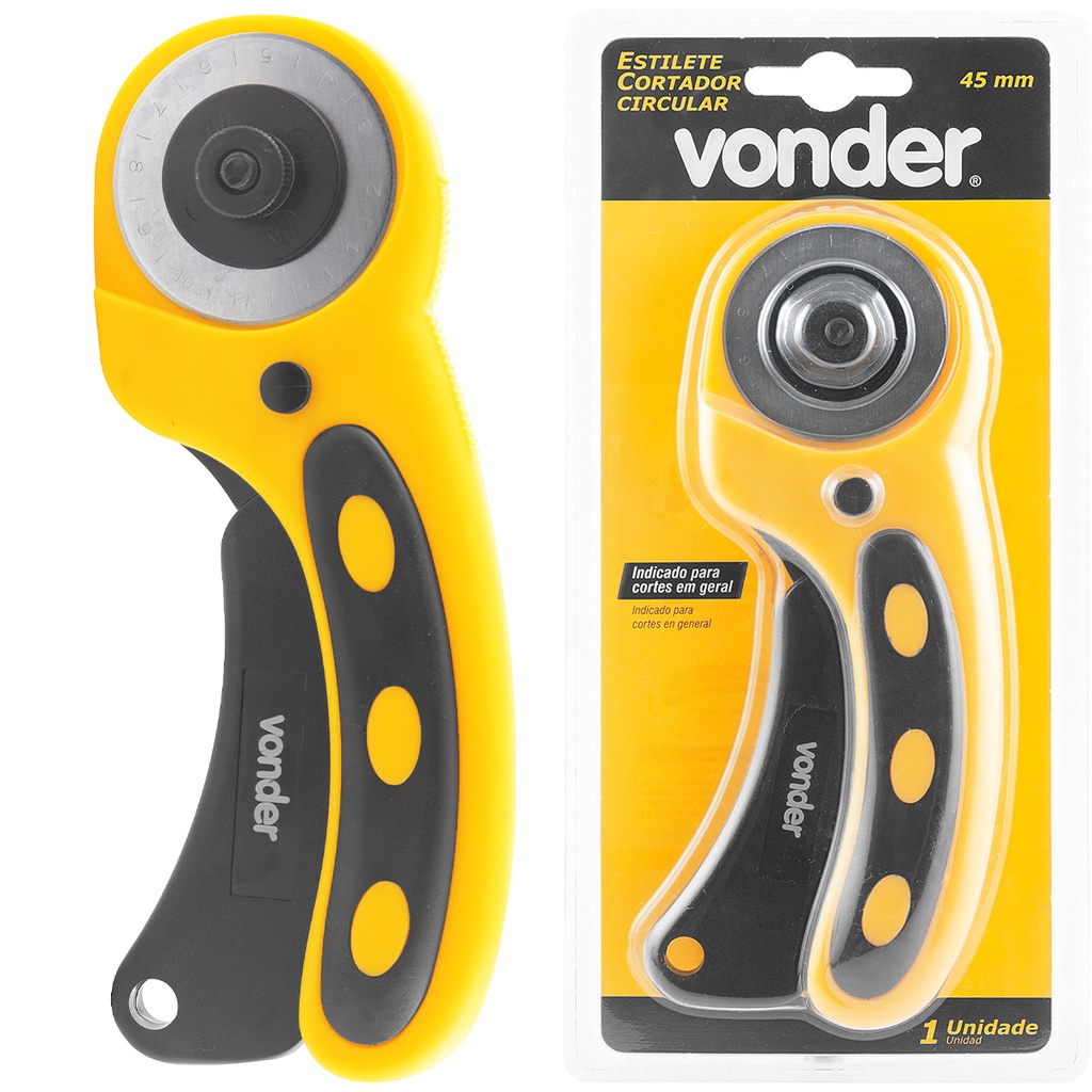 Estilete Cortador de Patchwork circular 45mm Vonder reforçado amarelo com lâmina
