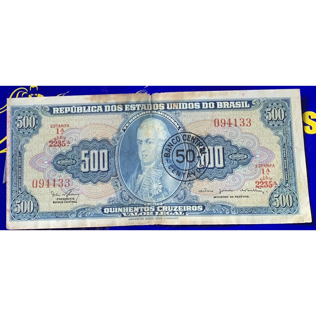 Cédula 500 Cruzeiros República dos Estados Unidos Brasil Antigas Coleção Nova