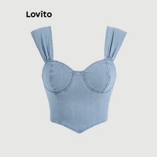 Lovito Casual Simples Plissado Faux Denim Top para Mulheres L58AD121 (Azul)