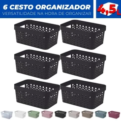Kit 6 Cesto Organizador Trama Rattan s/Tampa 4,5L Multiuso Plástico