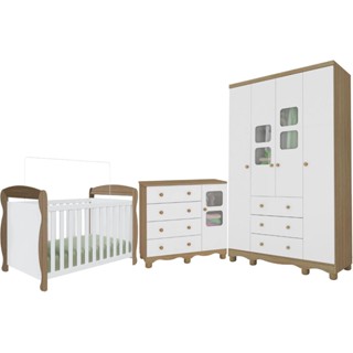 Quarto Bebê Completo Berço Americano Marquesa 3 em 1 Guarda Roupa 4 Portas Cômoda Uli 100% MDF Móveis Peroba