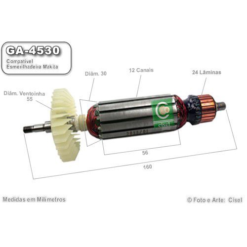 Induzido compatível Makita GA-4530 - Esmerilhadeira - Eixo: 160 mm