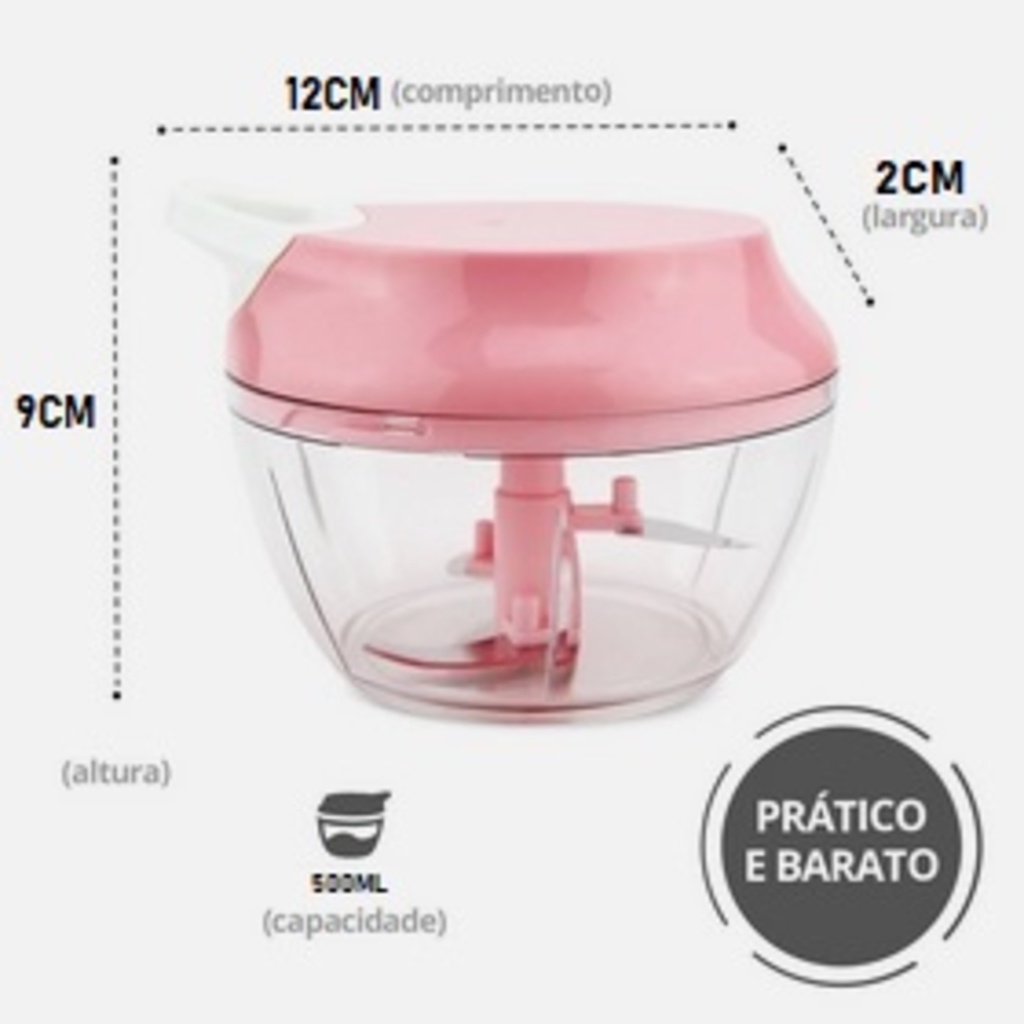 Processador Manual 12X9X2CM Alimentos Alho Frutas Cogumelos 500ml Multiuso Triturador 3 Lâminas Multicolorido