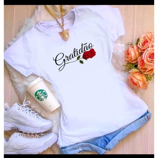 T-SHIRTS POLIÉSTER BRANCO GRATIDÃO FLOR VERMELHA