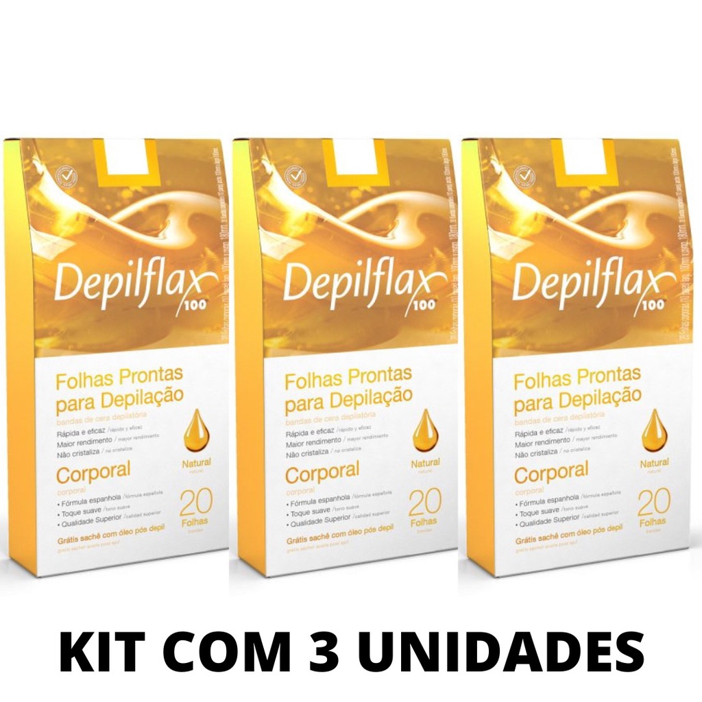 Kit 3 Caixas Folhas Depilatórias Corporal Natural 60 Unidades Depilflax
