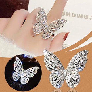 Elegante Anel Clássico Oco Fora De Borboleta De Luxo Rhinestone Brilhante Ajustável Jóias De Festa De Casamento Para Mulheres Presentes