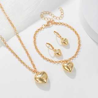 Conjunto De Jóias Colar De Orelha Em Forma De Coração Feminino Ouro 18K Brincos De 3 Peças
