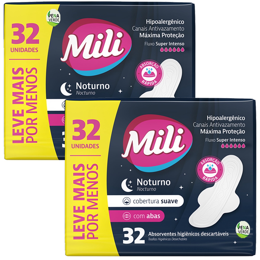 Absorvente Pacote 32 Unidades Noturno Mili Com Abas - 2 Pacotes  promove muito mais segurança e proteção