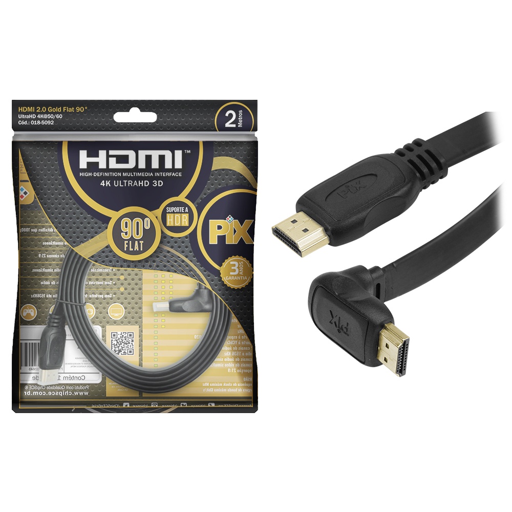 Cabo Hdmi Flat 90 Graus - Premium 2.0 2 Metros 4k 2160p UHd