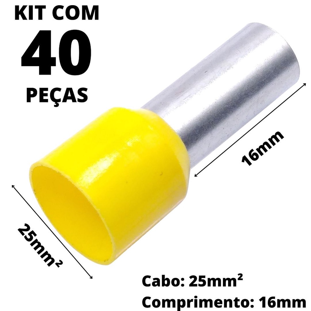 40un Terminal Tubular Ilhós Pré-isolado Simples Para Cabo de 25mm² Metal 16mm Amarelo E25-16