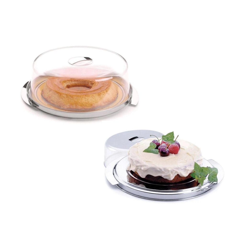 Prato Para Bolo Pudim Inox Boleira Cúpula Acrílica 27,5Cm Servir Tortas Doces Padaria Festa Mesa