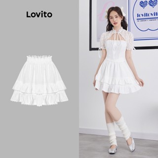 Lovito Saia com Babados e Camadas Duplas em Renda Lisa e Casual para Mulheres L55AD093 (Branco)