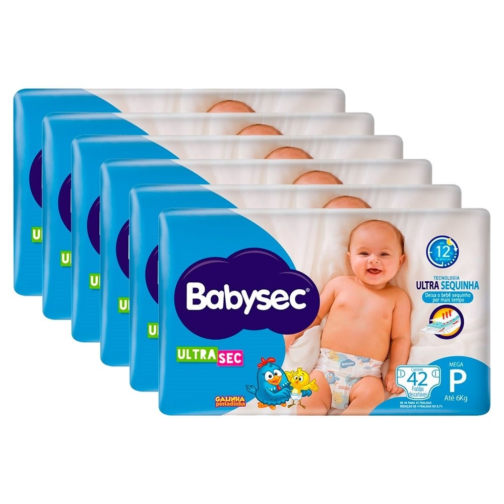 Fralda Descartável Babysec Ultra Mega Galinha Pintadinha Tamanho P - 6 Pacotes com 42 Fraldas - Total 252 Tiras em Oferta na Shopee