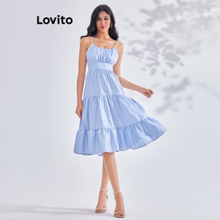 Lovito Vestido Listrado com Babados e Barra Franzida para Mulheres LBE03146 (Azul)