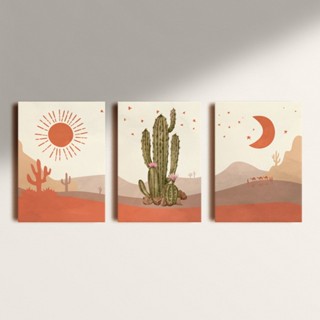Kit Quadros Decorativos Vinílico Mdf 3mm Pintura Nórdica Deserto Cacots Sol Montanhas Areia Moldura Borda Infinita Aquarela Abstrato Mosaico 3 Peças Sala Quarto Cozinha Placas Escritório