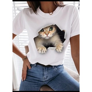 T-SHIRTS POLIÉSTER BRANCO GATO RASGANDO BLUSA
