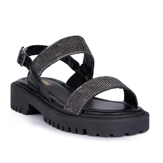 Sandália Feminina Flatform Tratorada Papete Tiras Strass