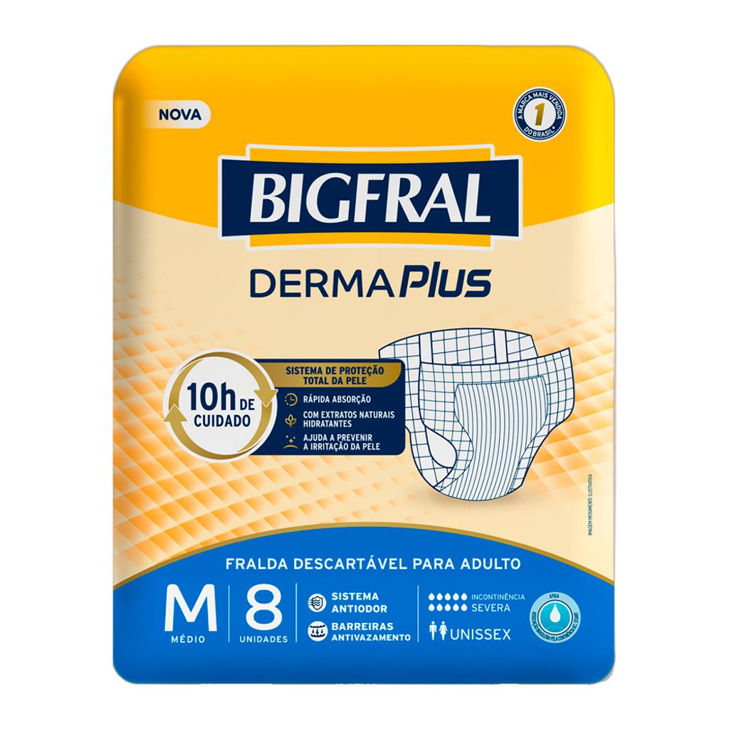 Fralda Geriátrica Bigfral Derma Plus Tamanho M com 8 Unidades