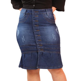 Saia Jeans Feminina Evangelica Babado Botoes Cobertos GD256