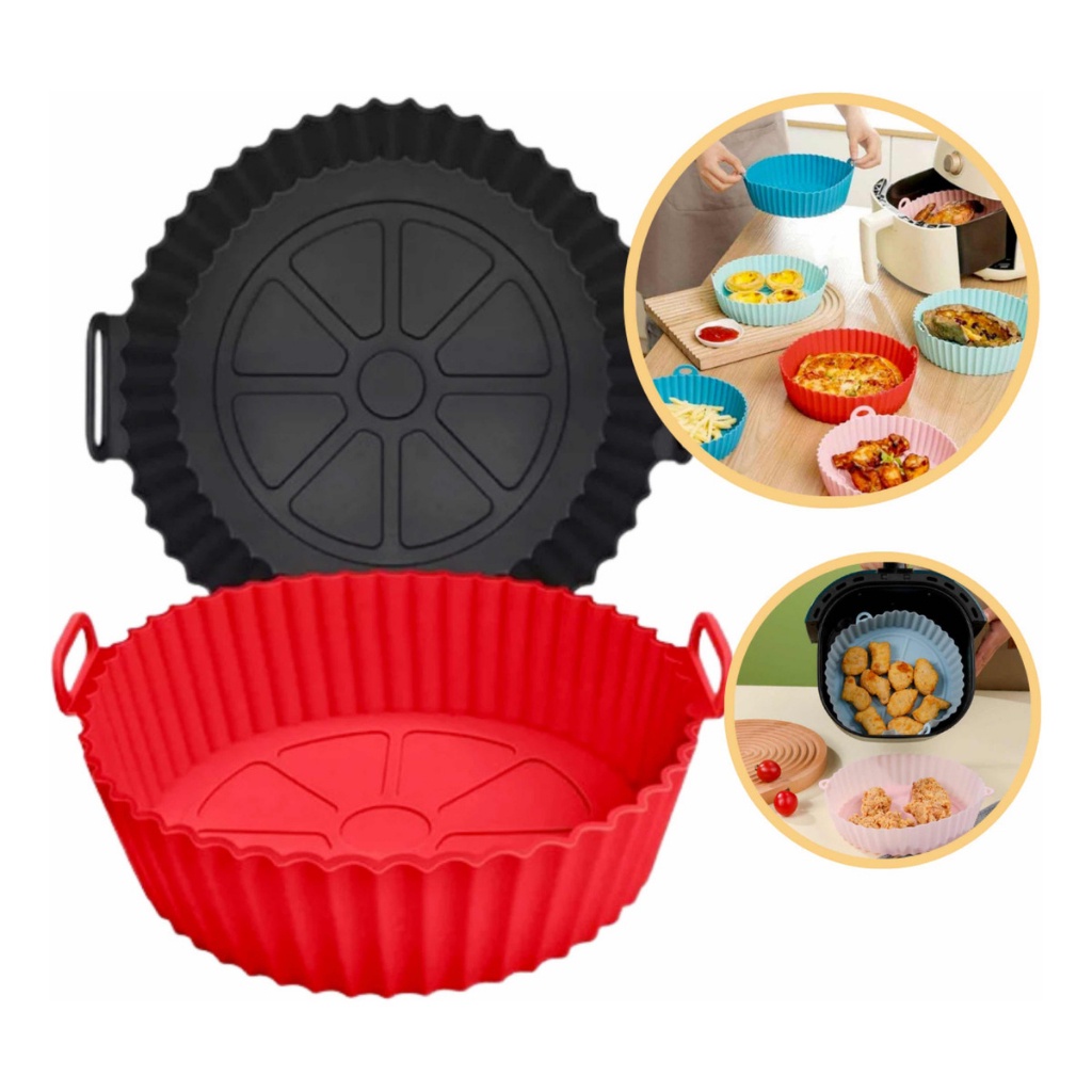 Formas de Silicone Redonda 19 cm Assadeira Air Fryer e Forno Forma para Fritadeira Elétrica com Alça