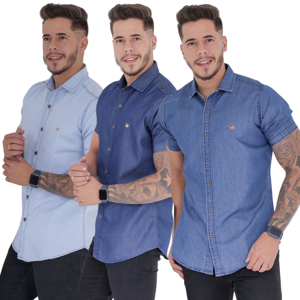Camisa Jeans Masculina Slim Fit Manga Curta Social Algodão Botões Premium