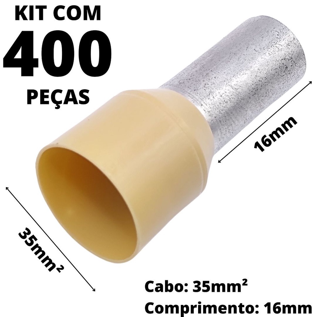400un Terminal Tubular Ilhós Pré-isolado Simples Para Cabo de 35mm² Metal 16mm Bege E35-16