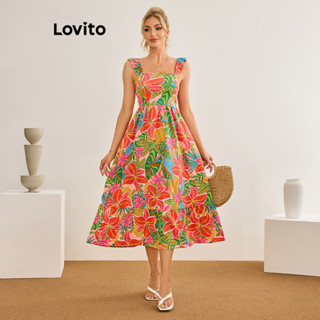 Lovito Vestido Plus Size Elegante Tropical Smocked Ruffle para Mulheres LBL19310