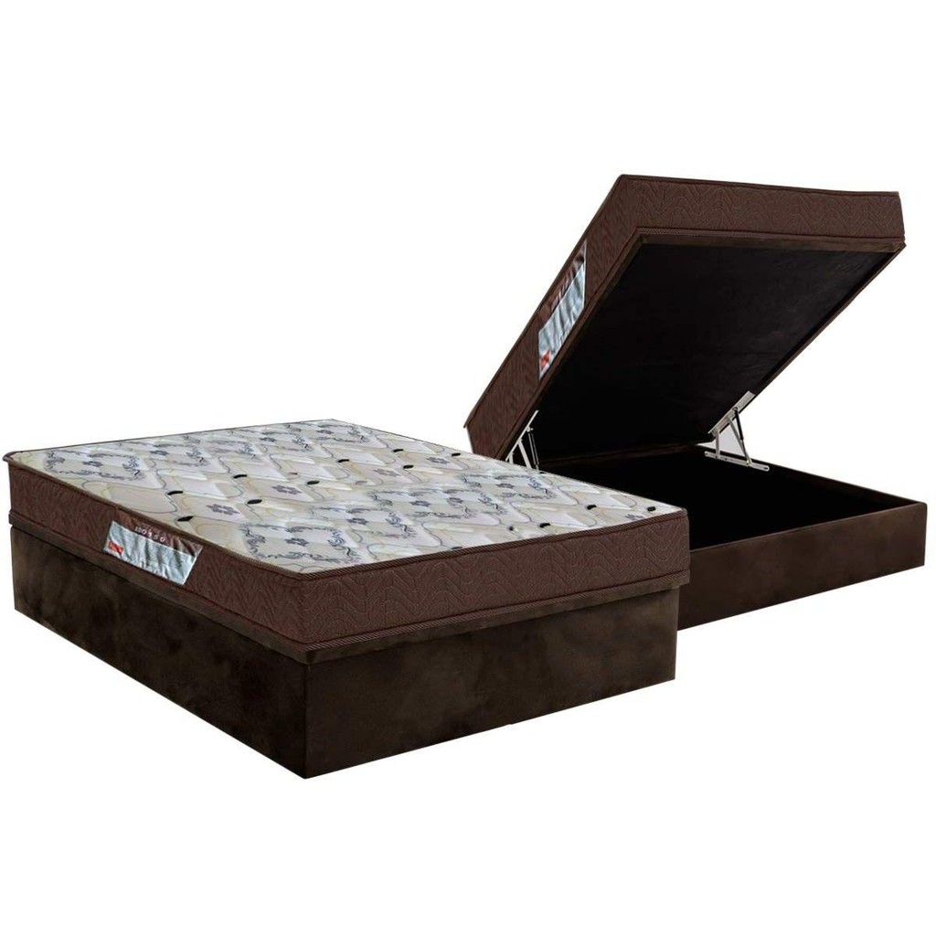 Cama Box Baú Casal: Colchão Ortopédico Ortobom D45 / EP ISO 150 Mega Firme + Base CRC Suede Brown(138x188) em Oferta na Shopee