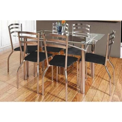 Conjunto: Mesa de Cozinha Elba c/ Tampo Vidro 150cm + 6 Cadeiras Portugal Cromado/Courano Preto - Kappesberg