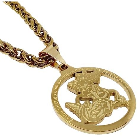 Cordão Grosso Corrente Elo Palmier com Pingente Grande São Jorge Aço Folheado Ouro 18k