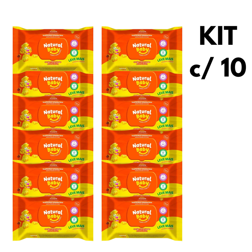 KIT 10 Pacotes de Lenços Umedecidos Natural Baby Wipes - 100 Unidades Cada
