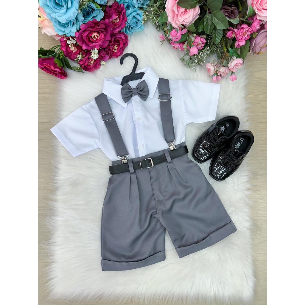 Conjunto Menino Social Shorts Camisa Suspensório Cinto Gravata Cinza Luxo Do 1 ao 12