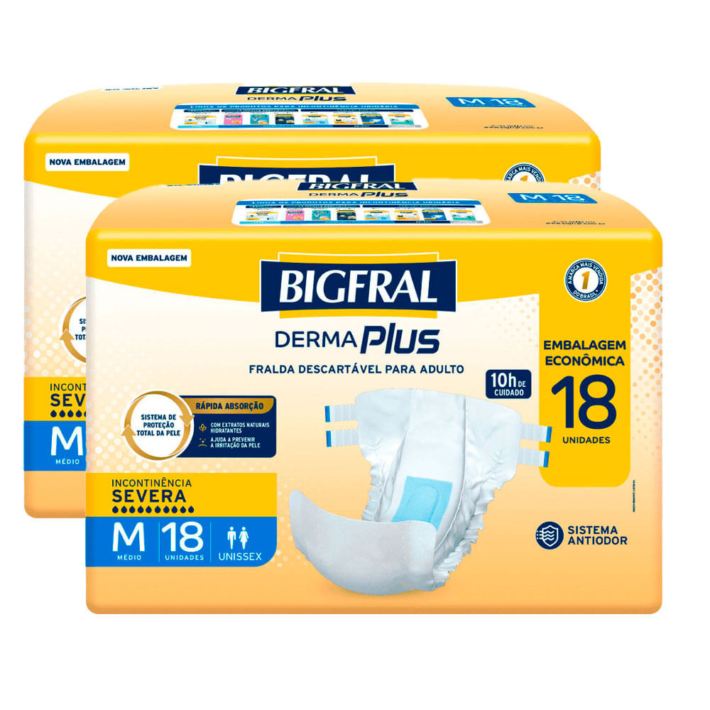 Kit 2 Fralda Bigfral Derma Plus Econômica M 18 Unidades cada - Health