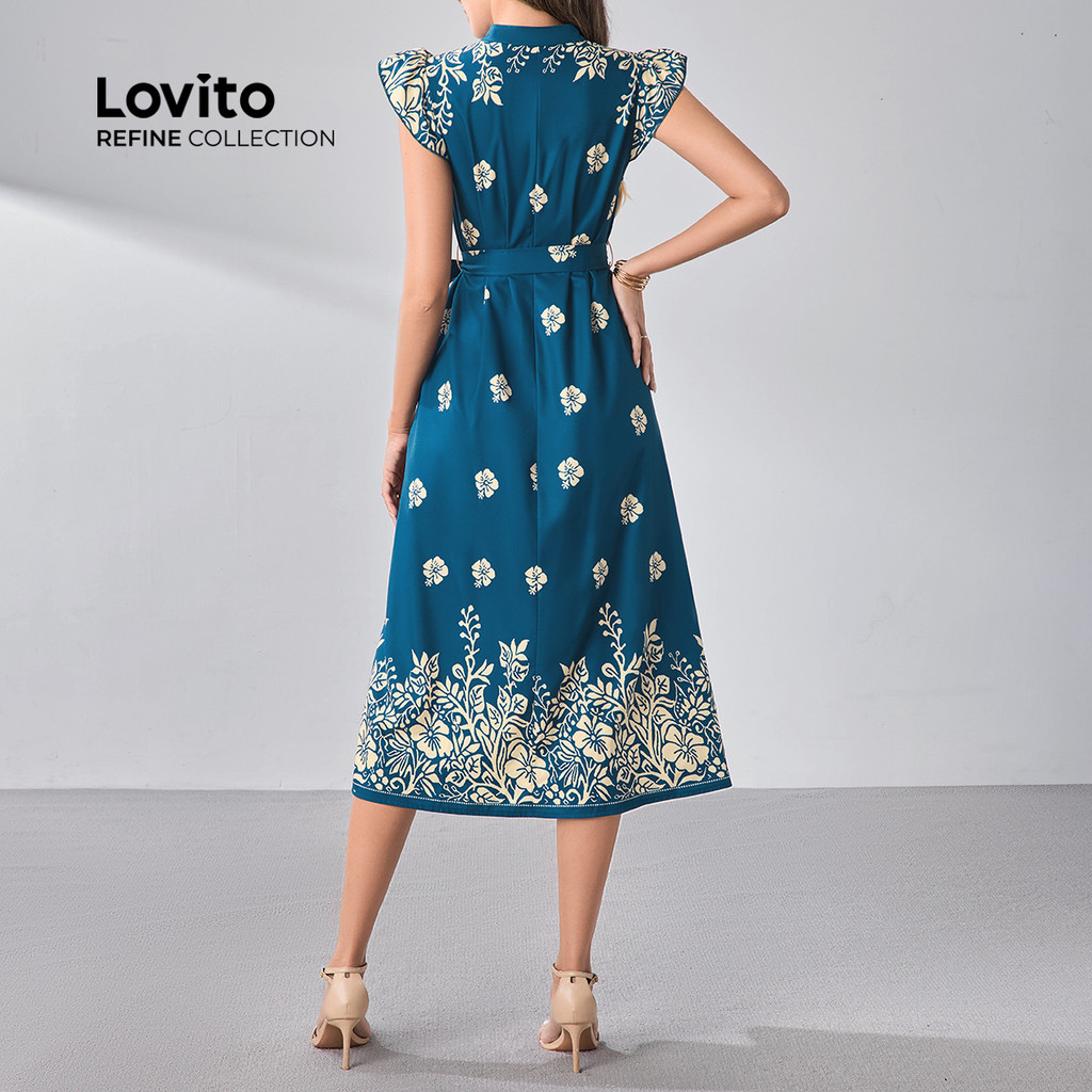 Detalhes do Lovito Refine Vestido Boho Verão Primavera Estilo Nacional Babados Bainha Verde Escuro Para Mulheres LR12L060