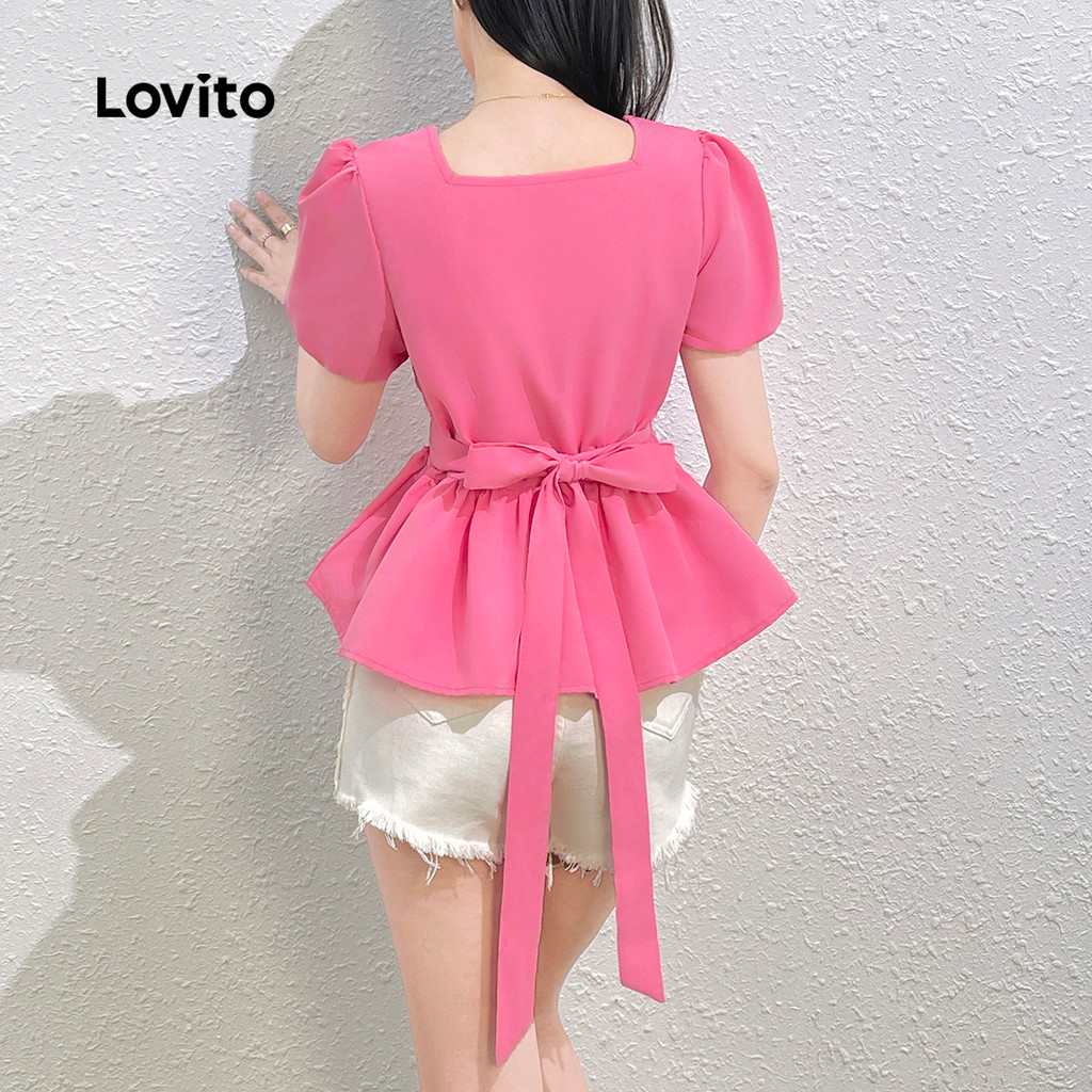 Detalhes do Lovito Blusa Casual lisa com babados cruzados para mulheres L L124AD1297