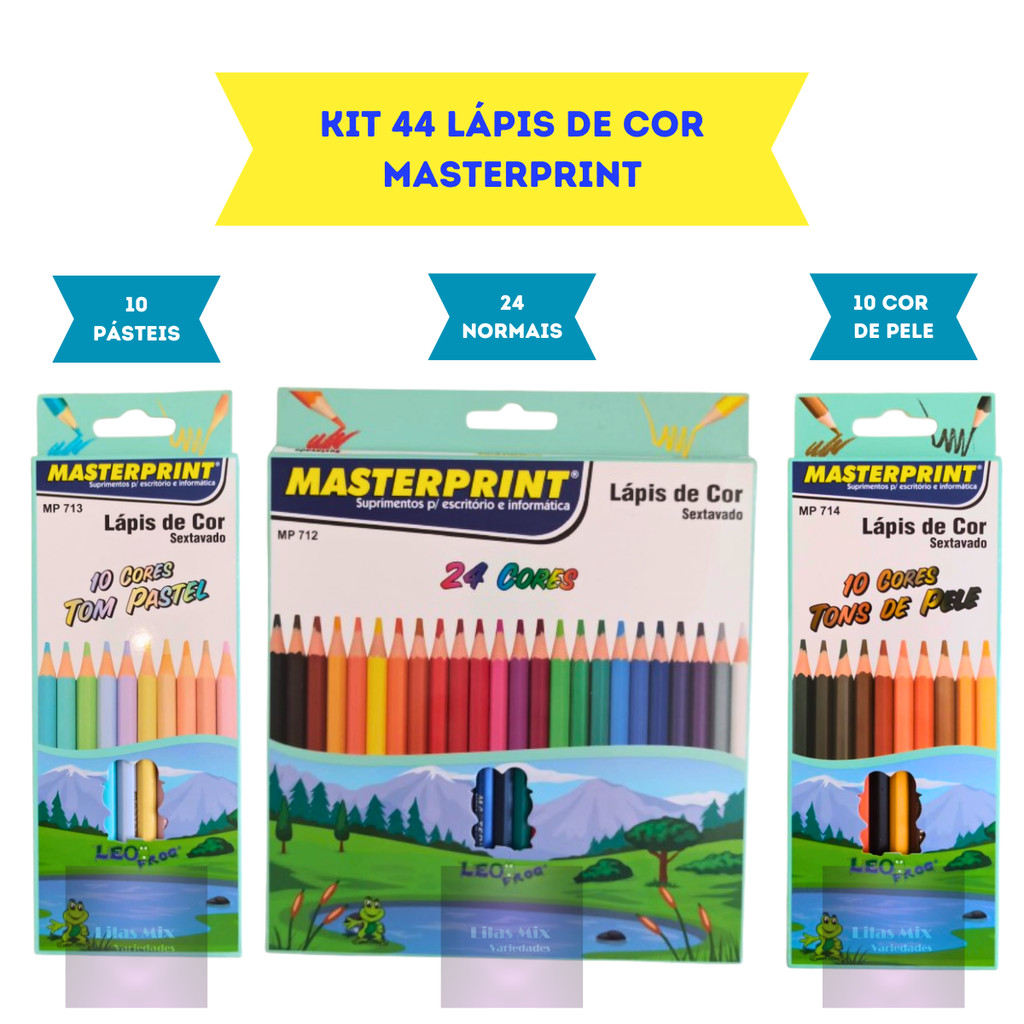 Lápis de Cor Kit 44 Lapis (24 CORES + 10 Cores Tom Pastel +10 Cores Tons de Pele) Escolar Sextavado
