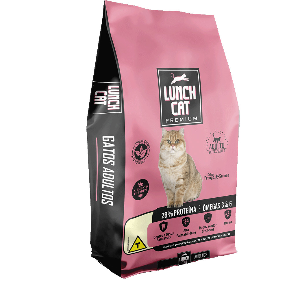 Ração Lunch Cat Premium para Gatos Adultos Natural Sabor Frango e Salmão 26% Proteínas 20kg