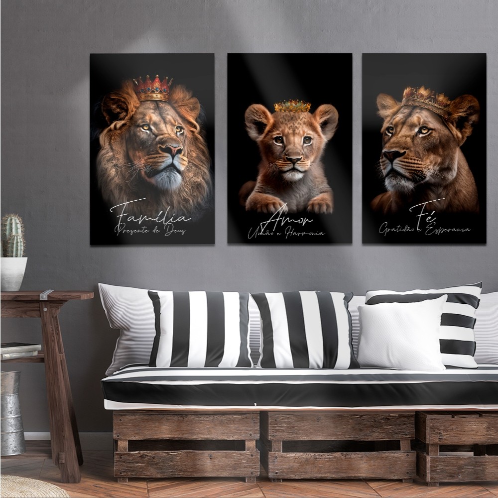 kit quadros família frases motivacionais 3 peças leao leoa e filhote para sala quadro em Oferta na Shopee